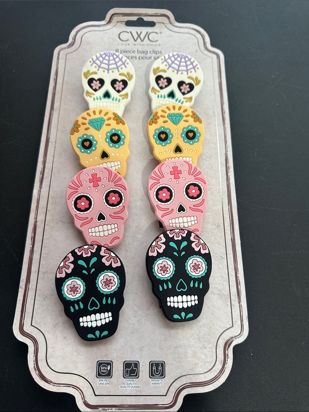 CWC eight piece Halloween sugar skull bag clips